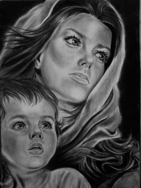 نقاشی سیاه قلم مادر و کودک