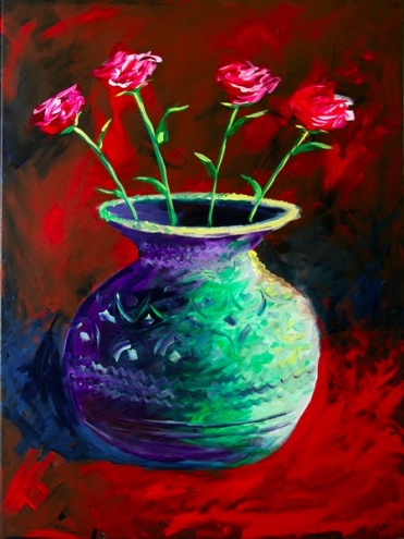 نقاشی گل رز داخل گلدان